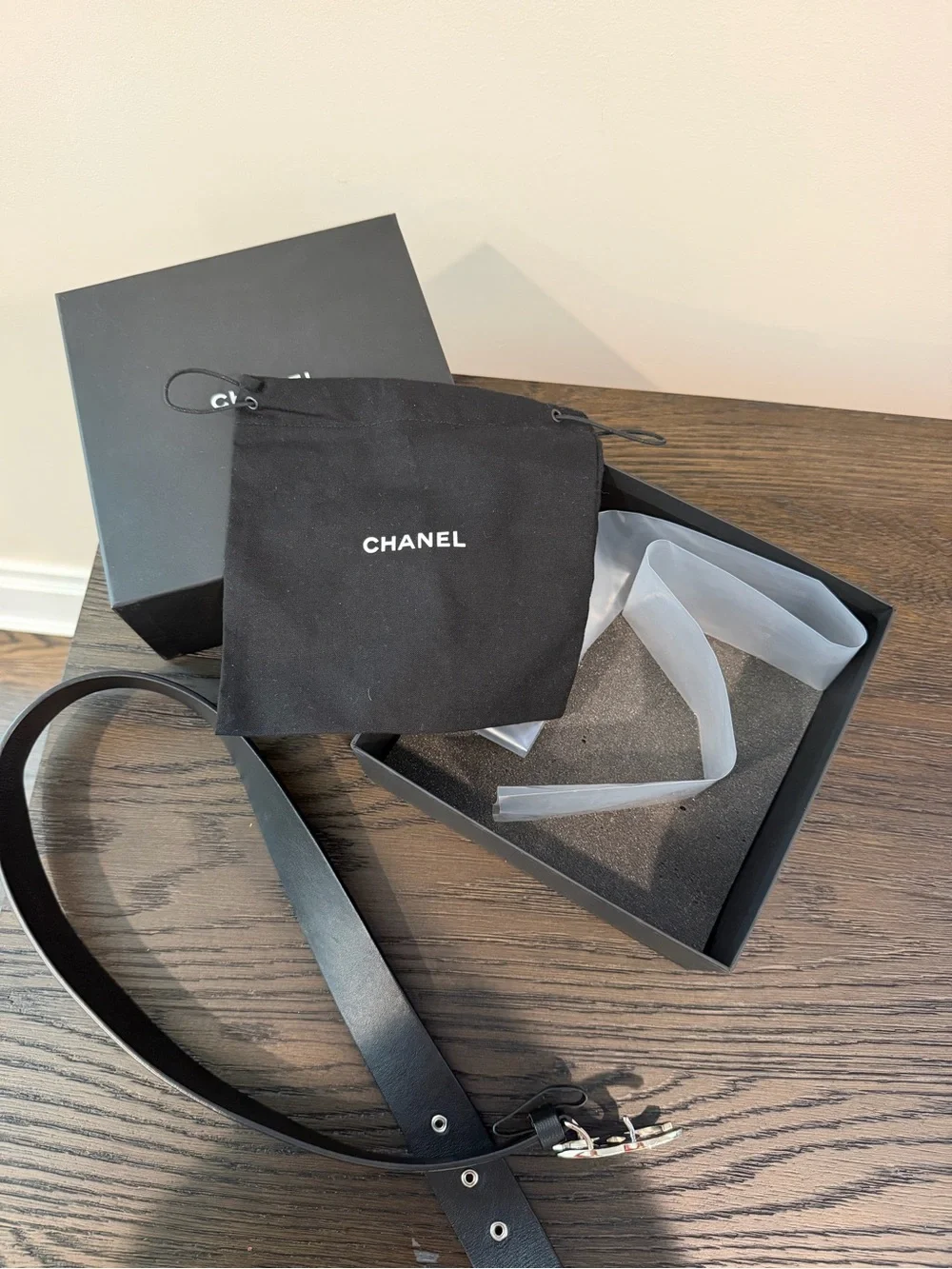 CHANEL Black Leather Belt with Gold Double C Buckle